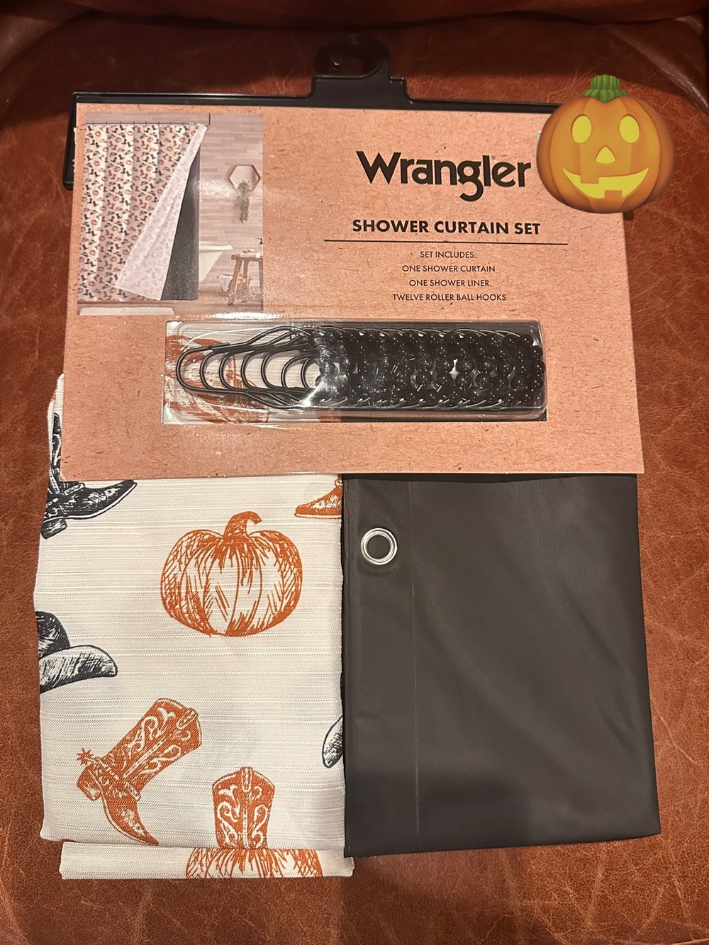 Wrangler Fall Pumpkin & Cowboy Boot Shower Curtain - Orange & Black